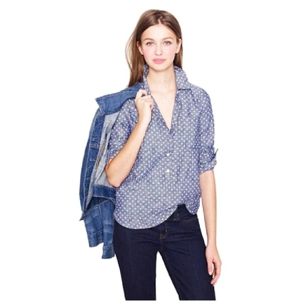 J.Crew Blue Polka Dot Chambray Button Down Shirt Preppy Academia Popover 6 30313